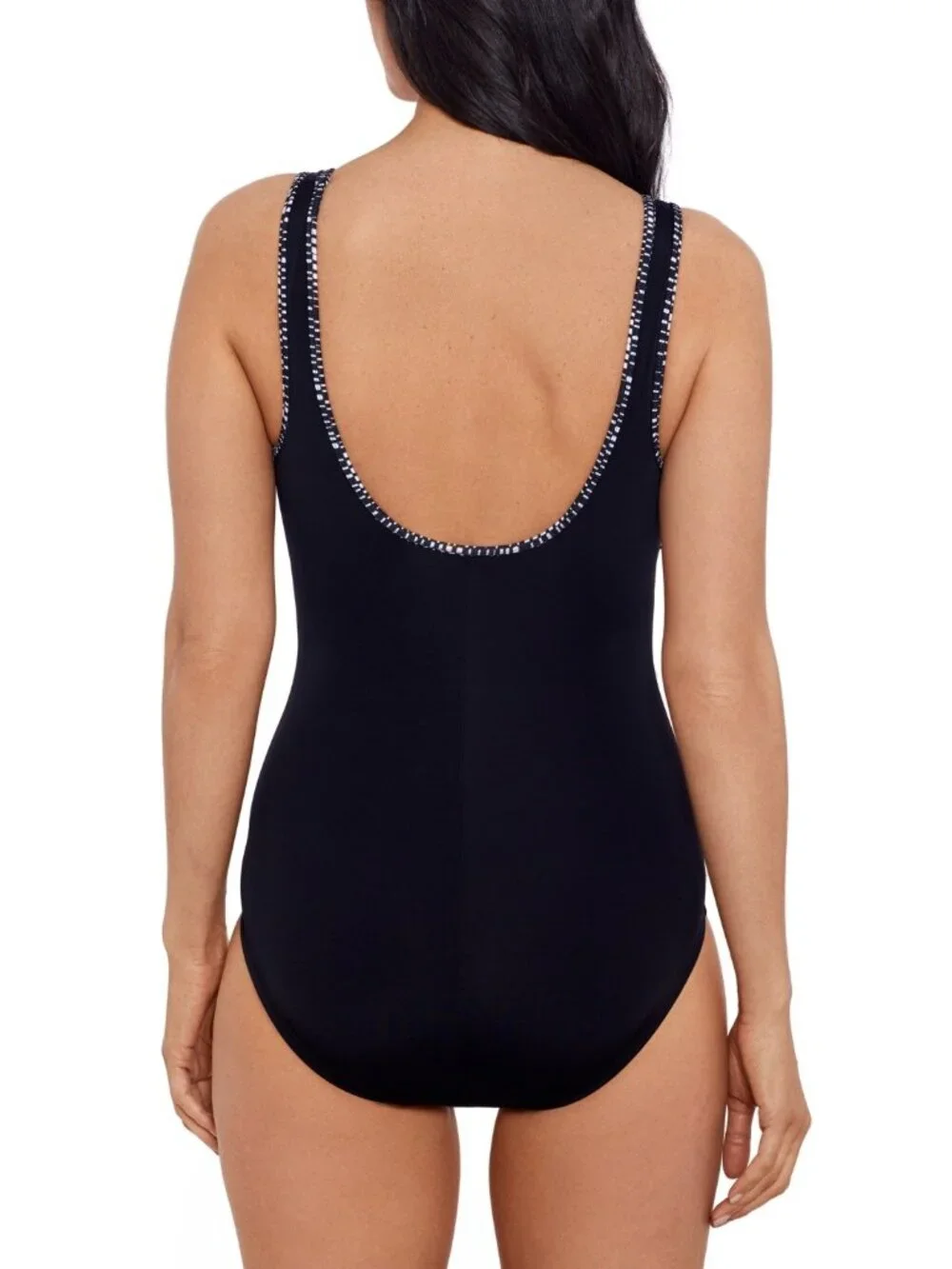 Swim Solutions Shirred Zip Front One Piece Swimsuit Black White Size 8 - Picture 4 of 4